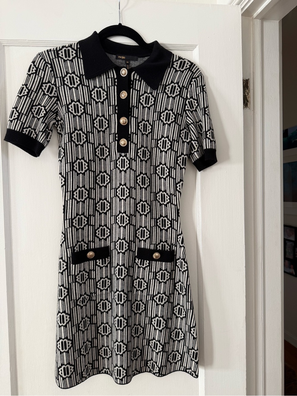 Maje Black & White Patterned Knit Polo Mini Dress Size EU 34